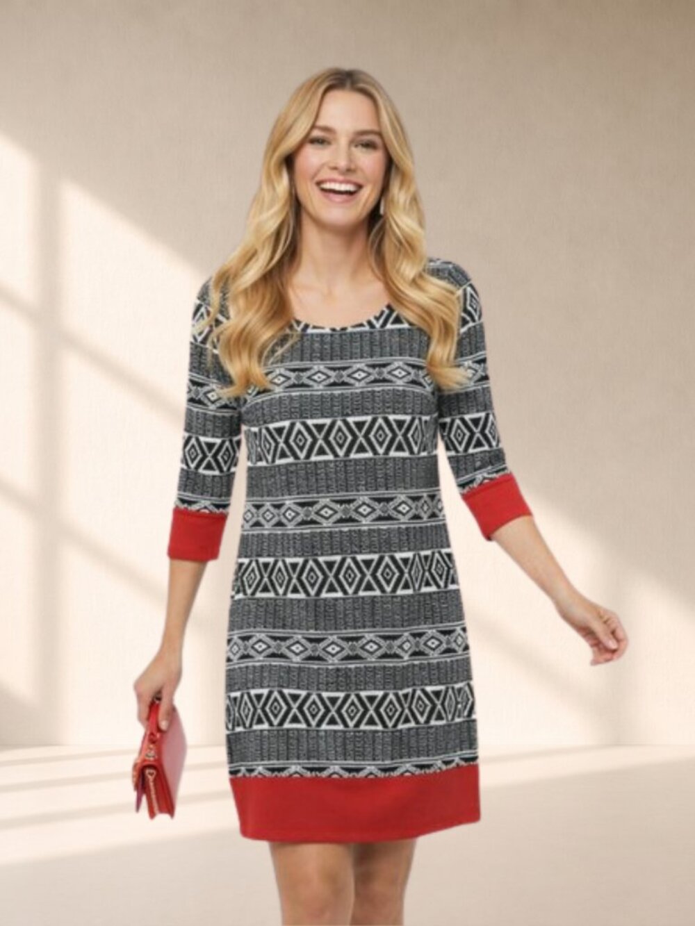 2/$20 SALE Sweet Storm Aztec Geometric Dress Large - Red Black White Stretch